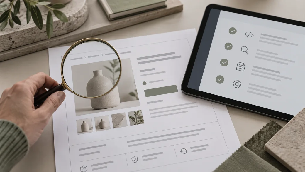 Magnifying glass examining product page details beside a tablet with a technical review checklist