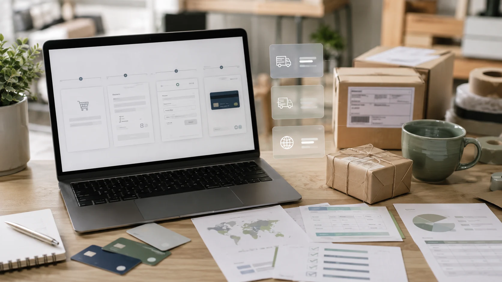 Ecommerce checkout and operations planning desk with laptop checkout wireframes, parcels, payment cards, and shipping planning materials