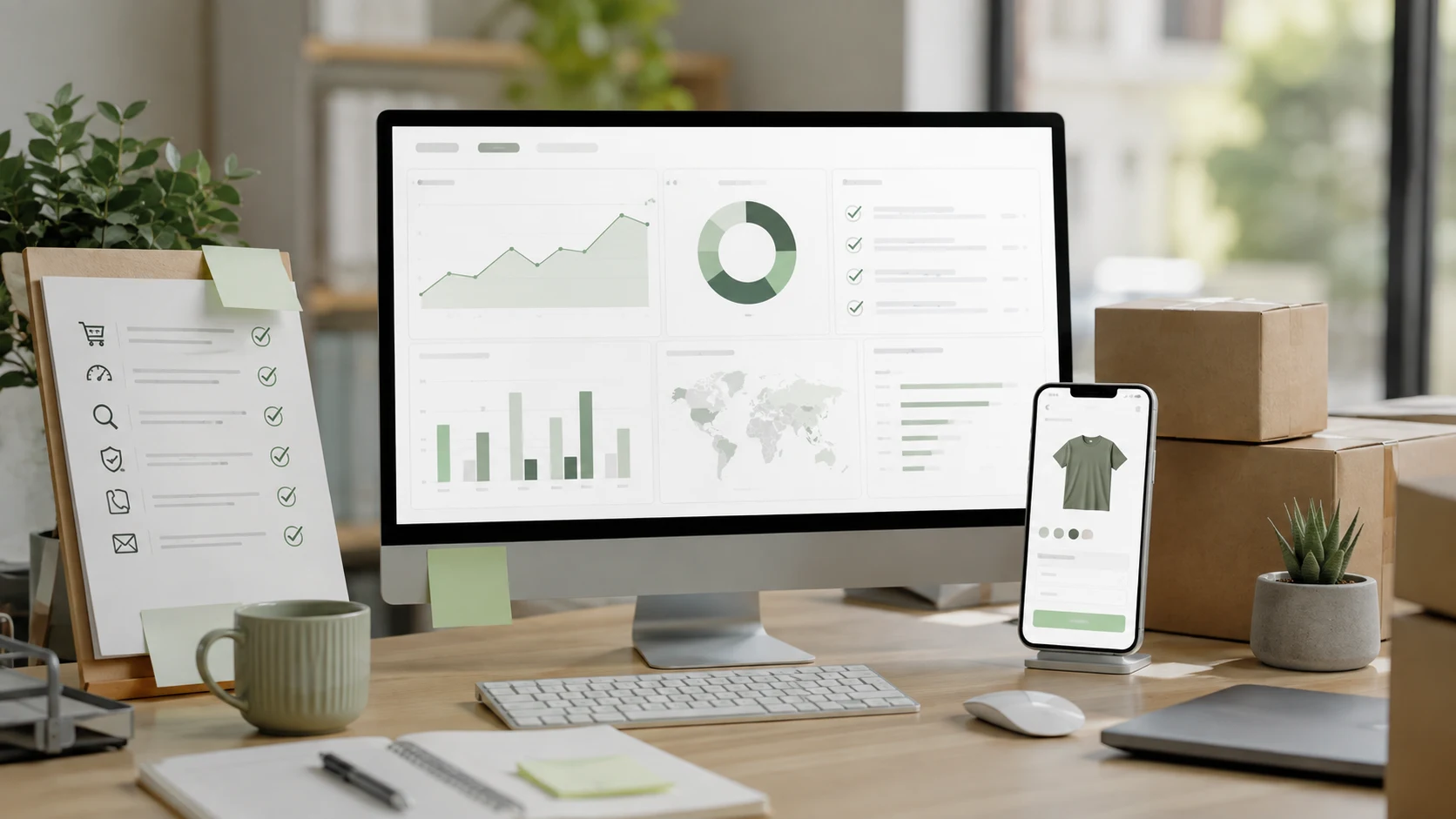 Ecommerce launch QA desk with analytics dashboard, mobile checkout preview, checklist board, and product parcels