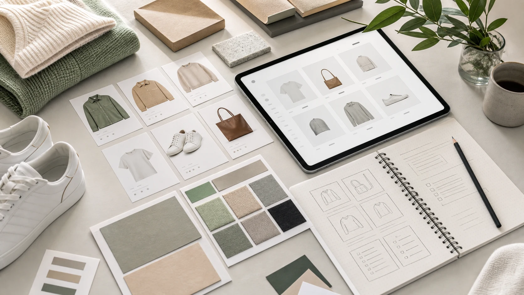 Ecommerce product catalog planning desk with product cards, swatches, tablet product grid, and planning notes