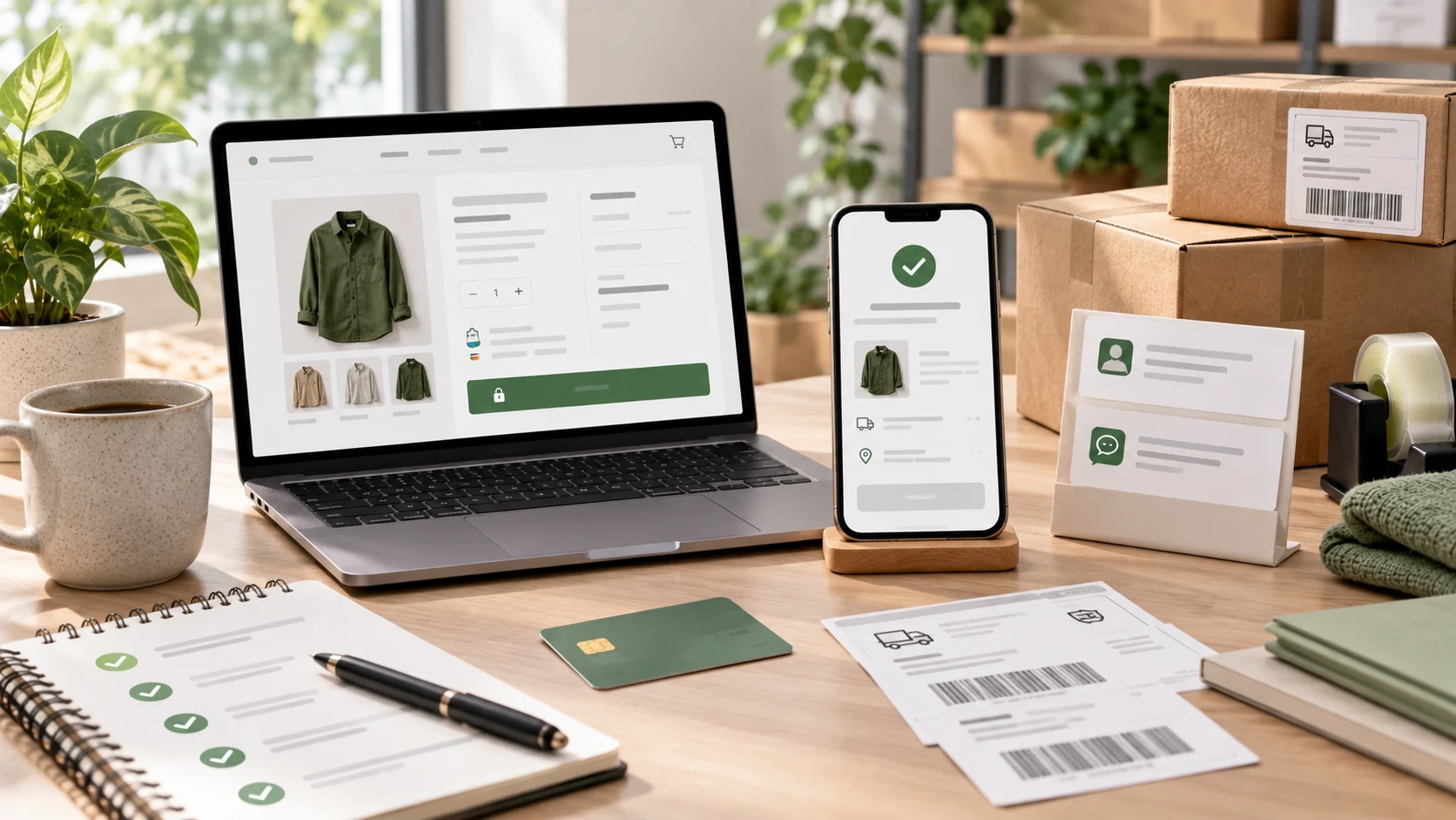 Shopify launch QA desk with checkout screen, mobile order confirmation, checklist, shipping labels, and packed parcels