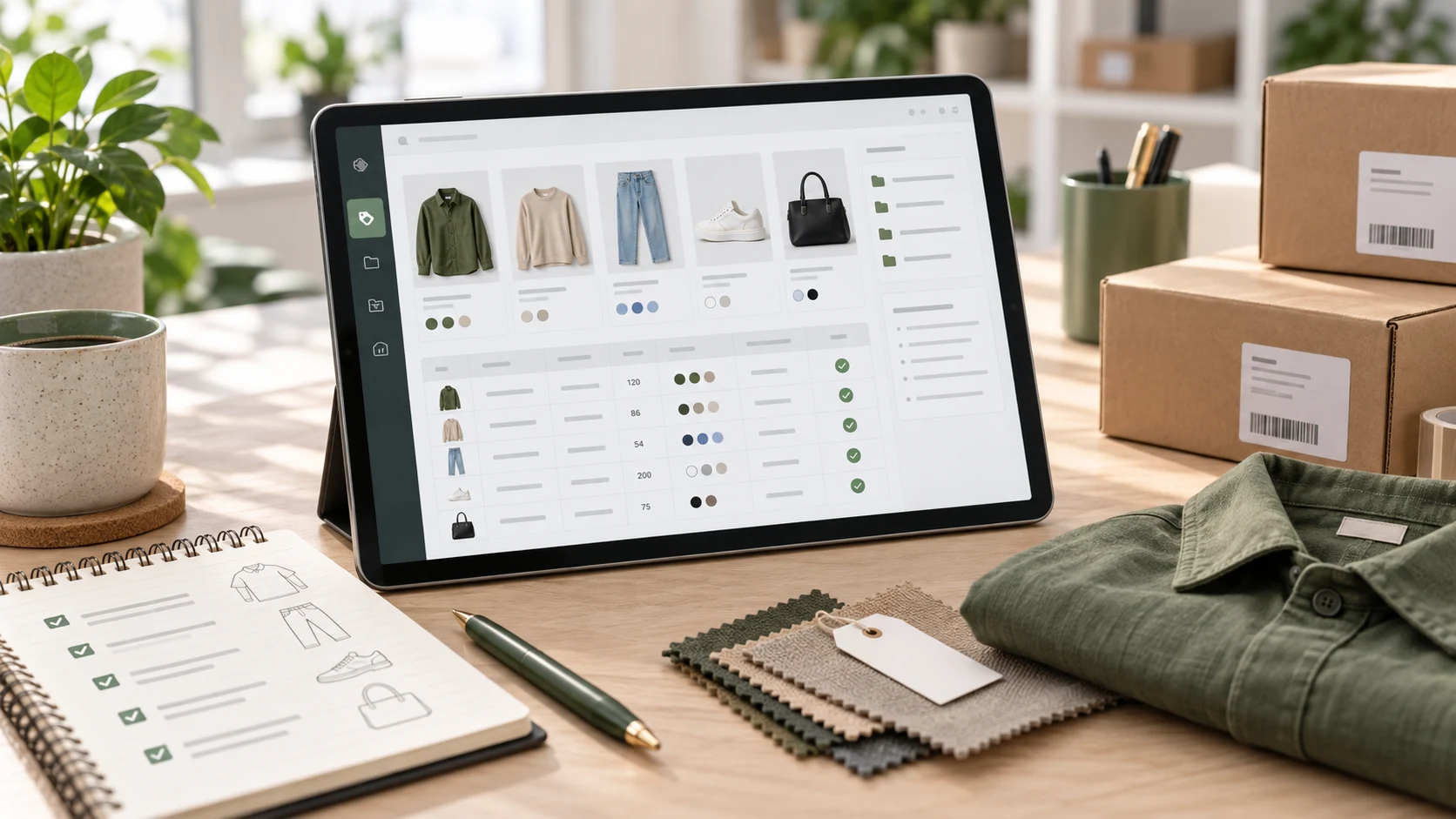 Shopify product data migration planning with product cards, inventory rows, variant swatches, checklist notes, and parcels