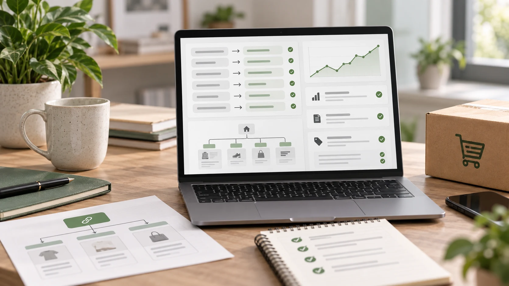 Shopify migration SEO redirect planning with URL map, sitemap structure, metadata cards, and search visibility chart