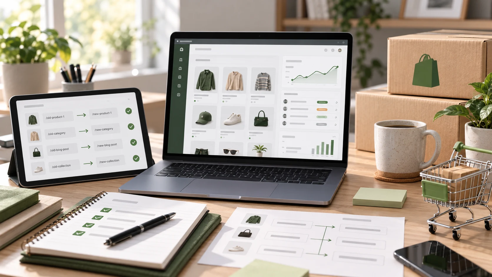 Shopify migration planning desk with ecommerce dashboard, redirect map, checklist, product cards, and shipping boxes