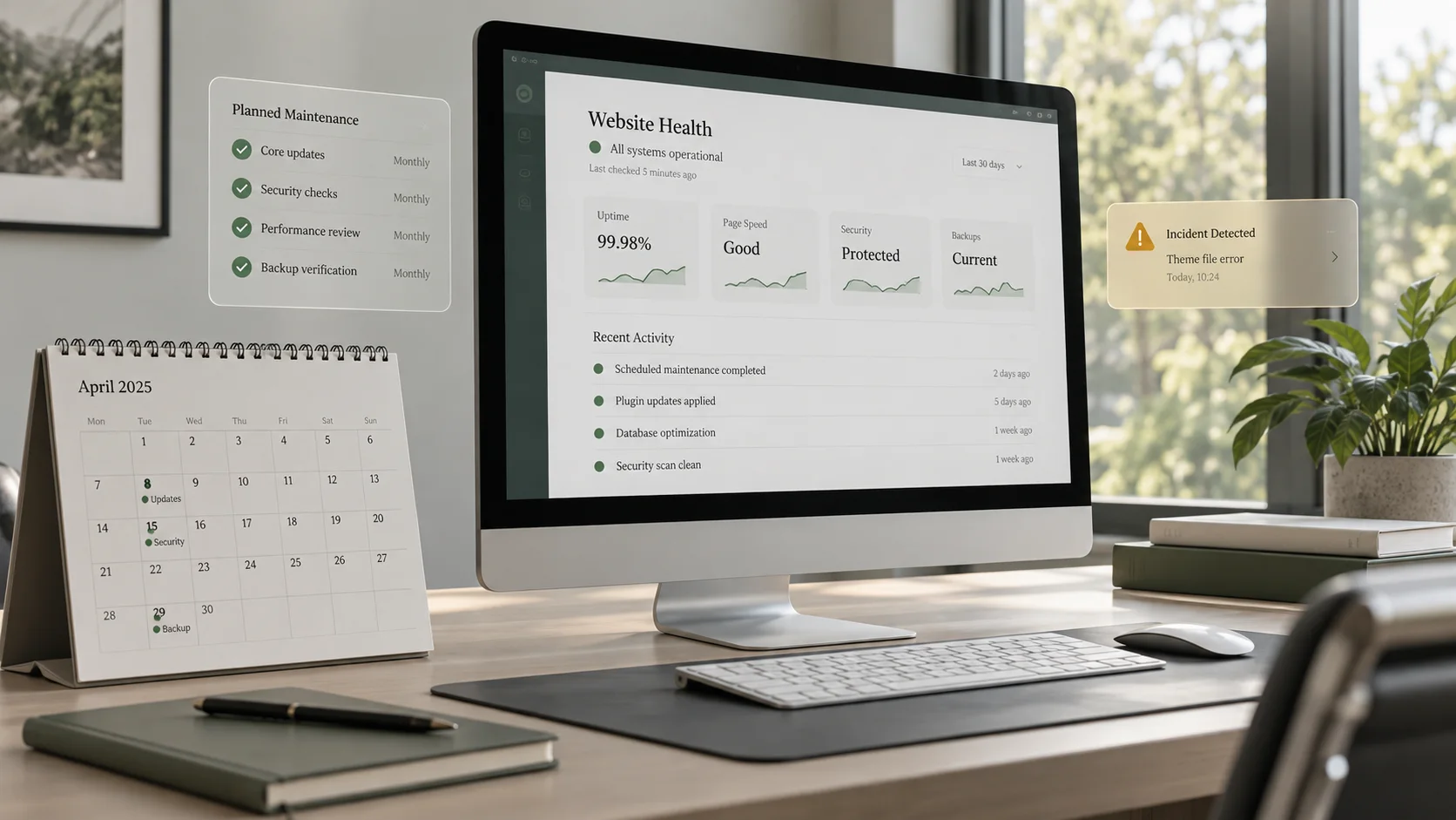 Website health dashboard beside a planned maintenance calendar and an incident notification