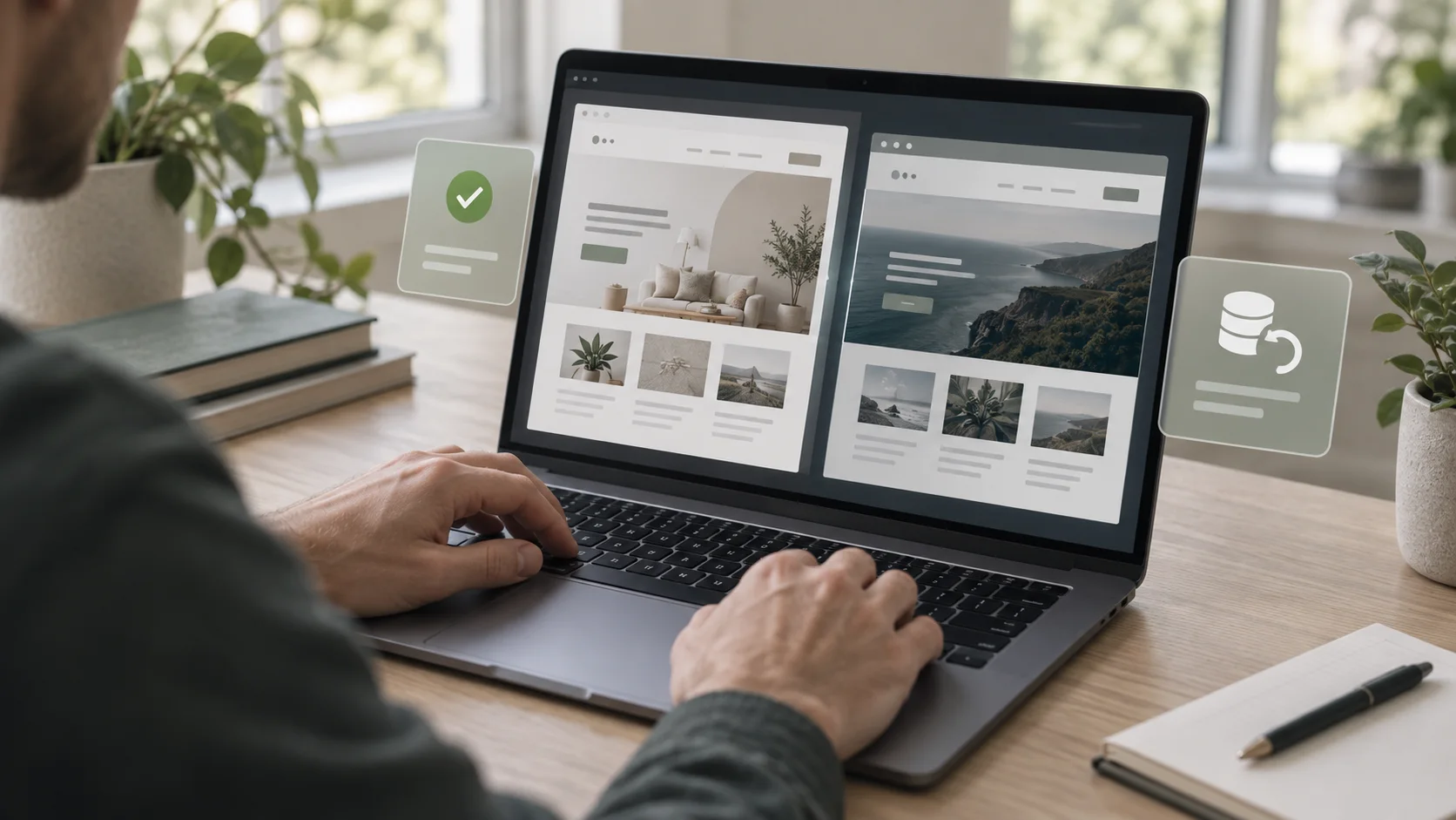 Technician comparing website versions on a laptop with backup and verification indicators