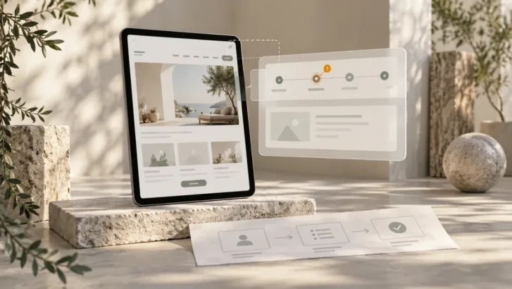 Tablet showing a website beside an enlarged journey panel highlighting a point of friction