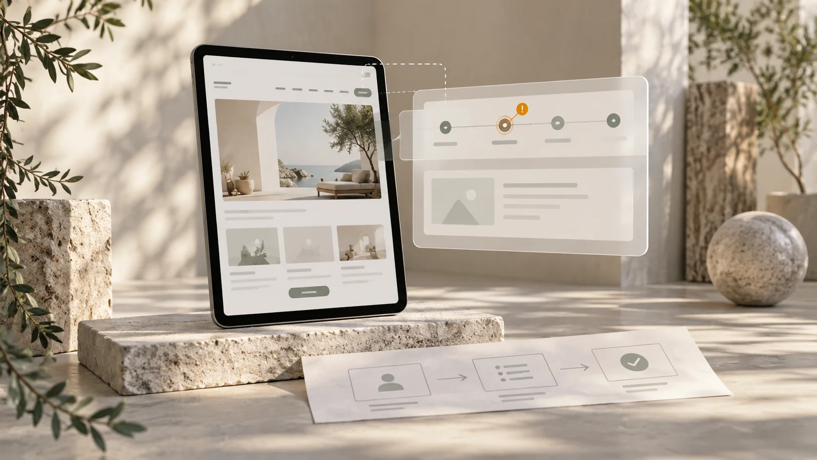 Tablet showing a website beside an enlarged journey panel highlighting a point of friction