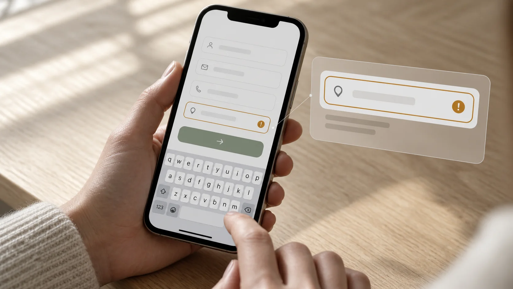 Hands testing a mobile enquiry form with an enlarged field error indicator
