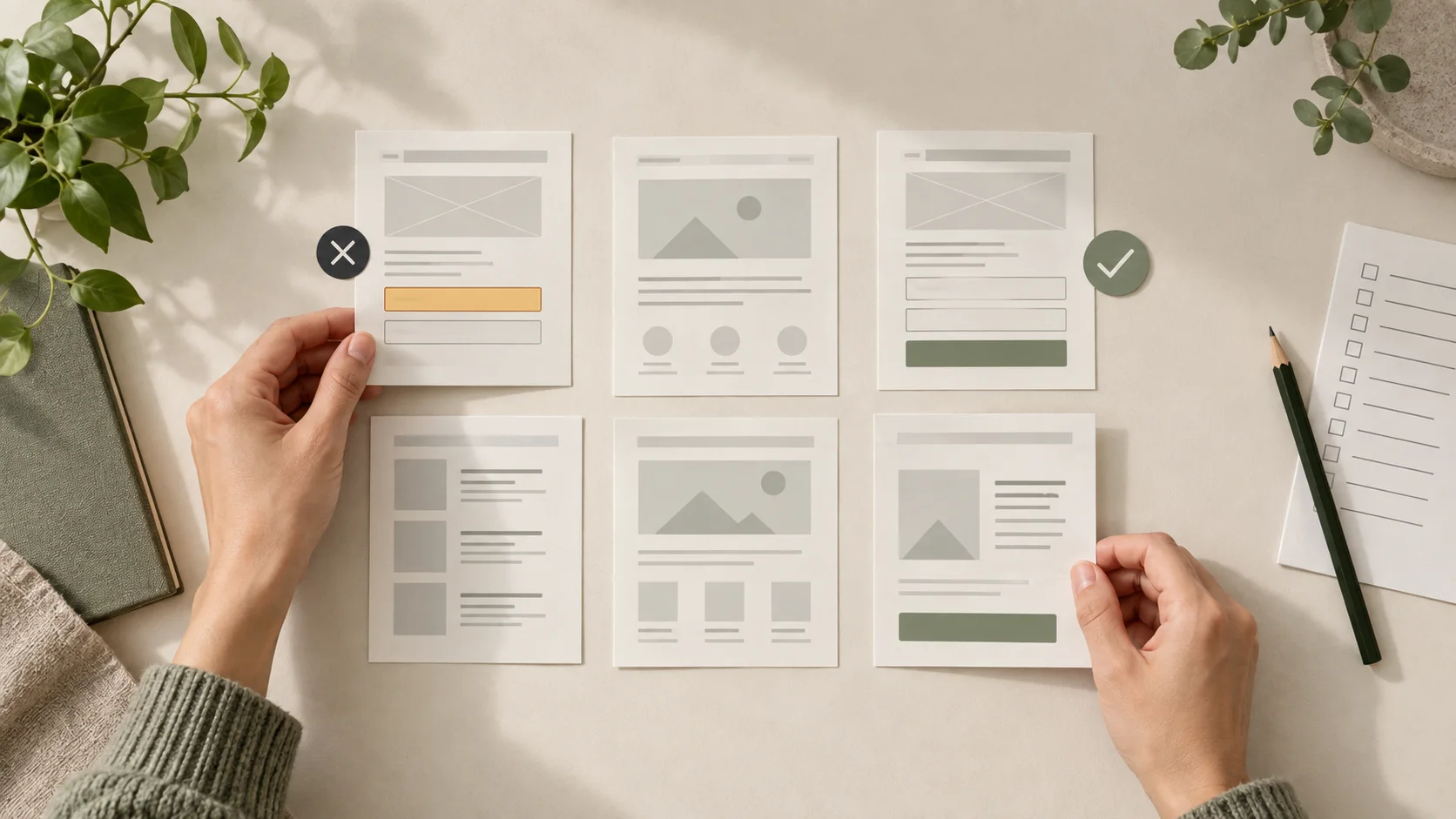 Hands comparing printed website wireframes to prioritize form and layout improvements