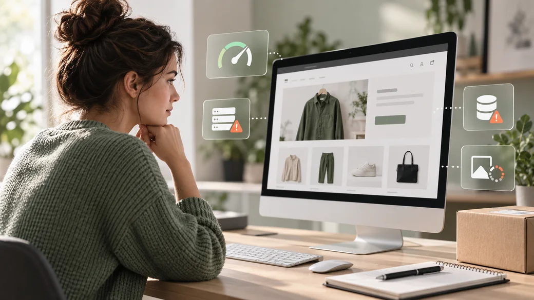 A store owner reviews a WooCommerce storefront alongside subtle speed, server, and database diagnostics
