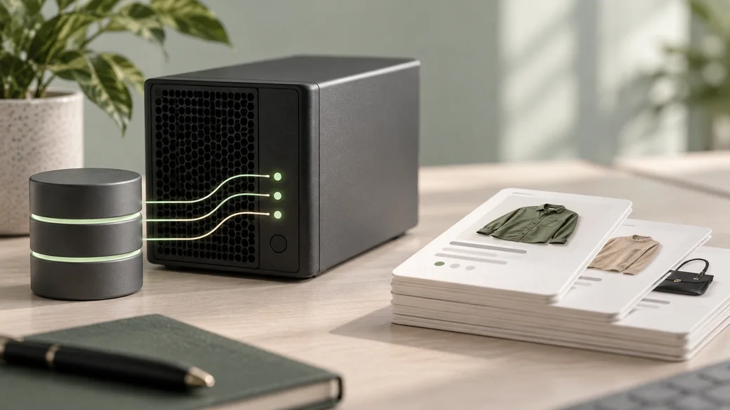A compact server and database connection beside ecommerce product records illustrate backend bottlenecks