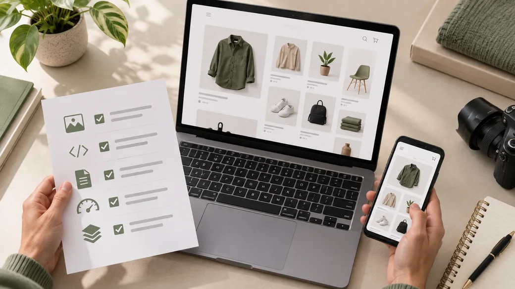 A store owner checks product image tiles on a laptop and phone against a concise asset and performance checklist