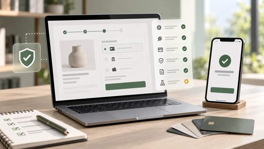 Laptop and phone displaying a payment checkout readiness review with test cards and checklist