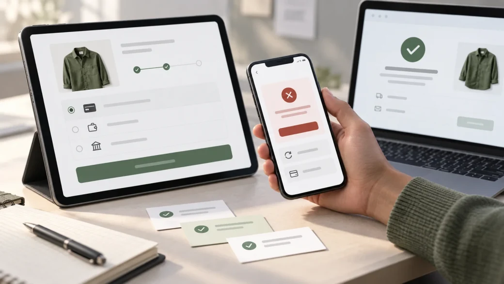 Tester comparing payment selection, declined recovery, and confirmation states across tablet, phone, and laptop