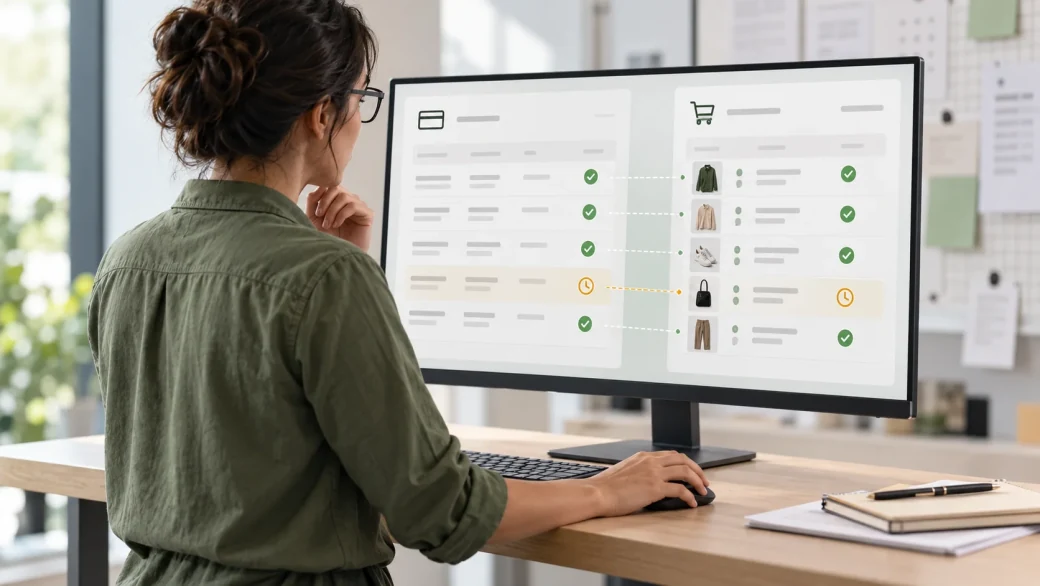 Operations specialist comparing a payment transaction record with matching WooCommerce order states