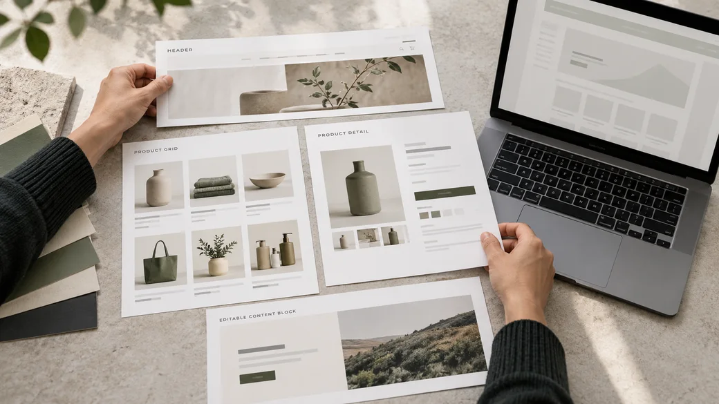 Printed home, product grid, product detail, and editable content layouts arranged beside a laptop