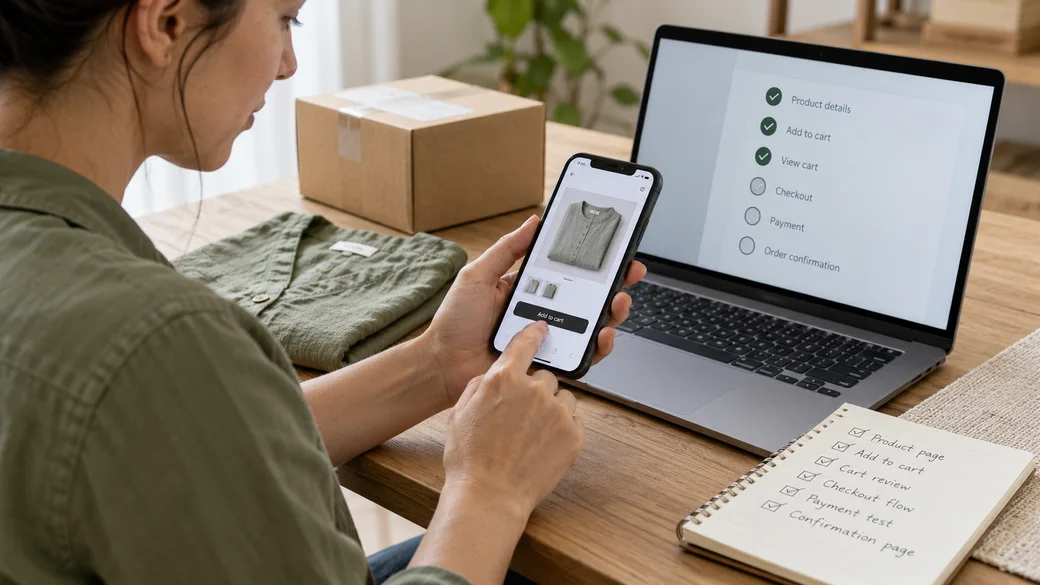 A merchant tests a product page and cart on a phone beside a purchase-journey checklist