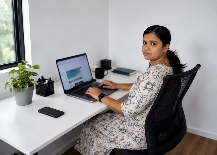 Team member working from a desk in the top-left About gallery tile