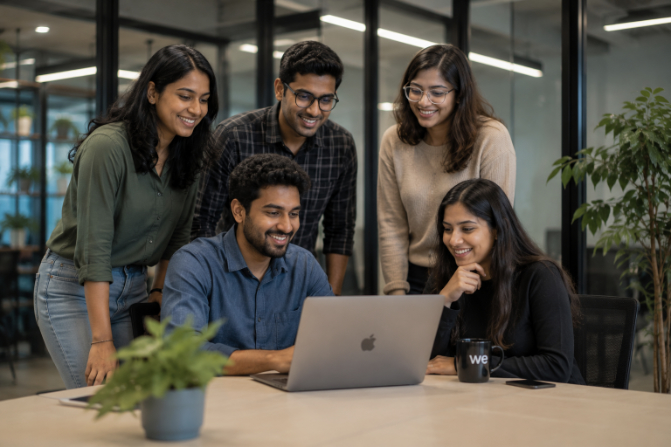 Small team gathered around a laptop in the top-right About gallery tile