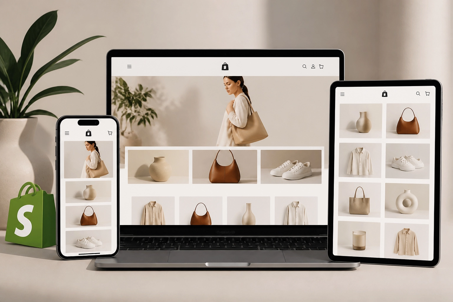 Shopify storefront displayed across laptop, tablet, and phone screens