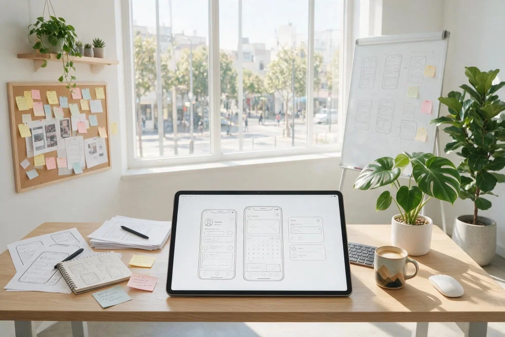 UI and UX design workspace with interface screens and layout planning