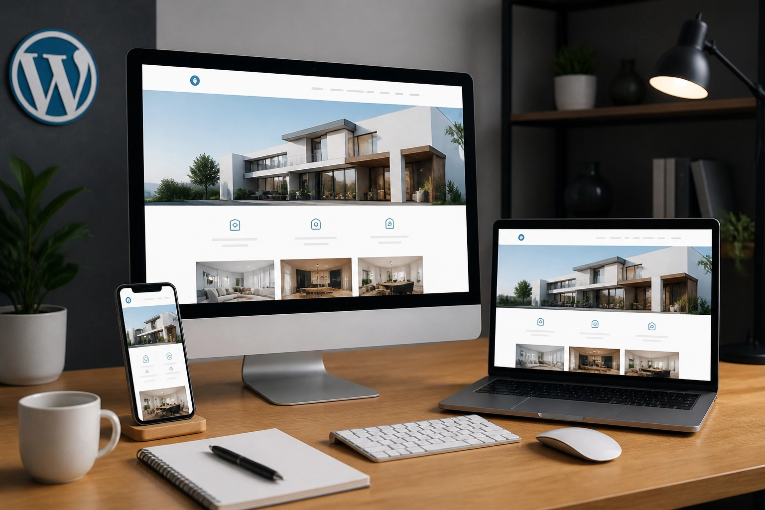 WordPress website displayed across desktop, laptop, and mobile screens