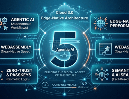 Diagram of 5 essential technologies for 2026: Agentic AI, Edge Performance, WebAssembly, Zero-Trust, Semantic Search.