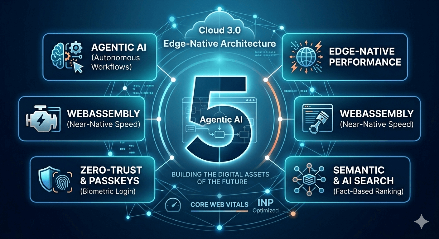 Diagram of 5 essential technologies for 2026: Agentic AI, Edge Performance, WebAssembly, Zero-Trust, Semantic Search.