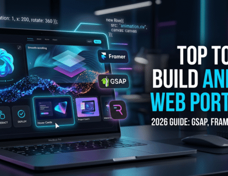 Sleek laptop displaying animated web portfolio with 3D models, parallax scroll effects, particle systems, and GSAP morphing icons on dark UI with neon blue-purple gradients