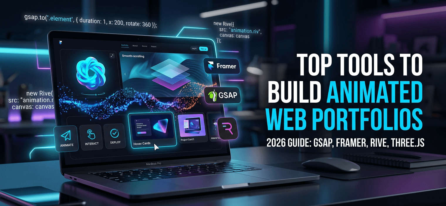 Sleek laptop displaying animated web portfolio with 3D models, parallax scroll effects, particle systems, and GSAP morphing icons on dark UI with neon blue-purple gradients