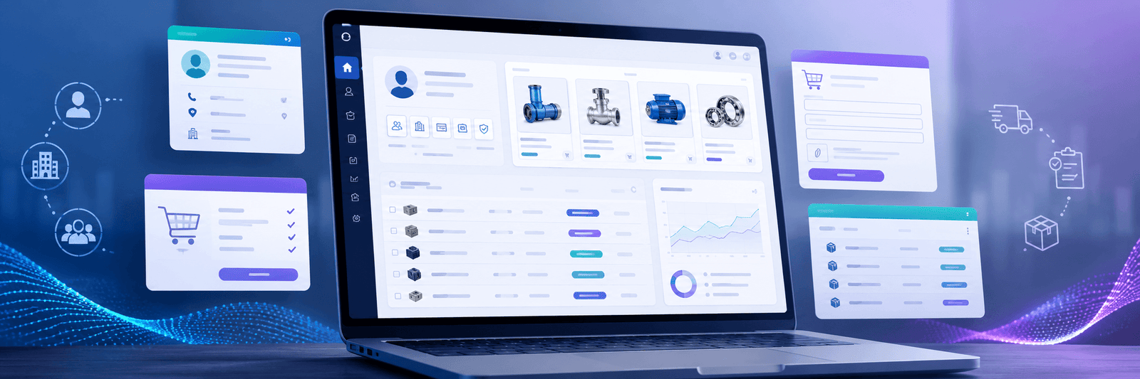 Professional B2B ecommerce growth dashboard with wholesale orders, company buyers, quote requests, product boxes, analytics, and global delivery elements