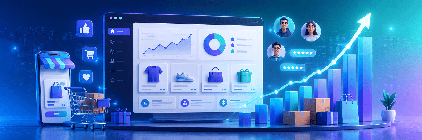 Ecommerce growth concept with online store dashboard, sales chart, product boxes, customer icons, and digital commerce elements