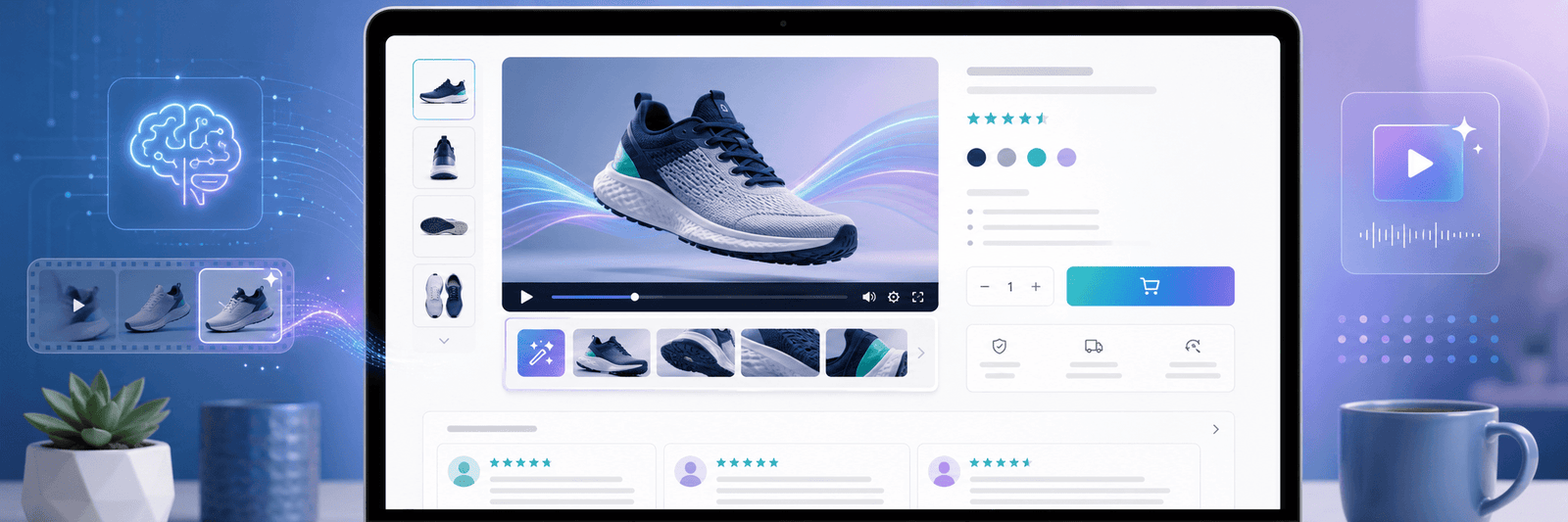 AI product video on ecommerce product page with product gallery, video preview, add to cart section, and customer reviews