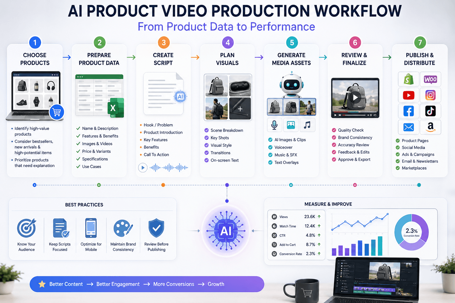 AI product video production workflow showing ecommerce product selection, product data, script, visuals, review, publishing, and analytics