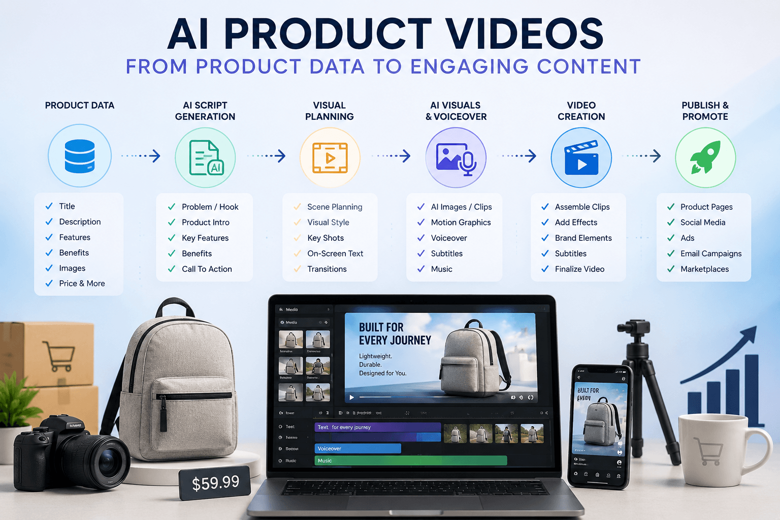 AI product video workflow for ecommerce showing product data, scripts, visuals, and video content creation