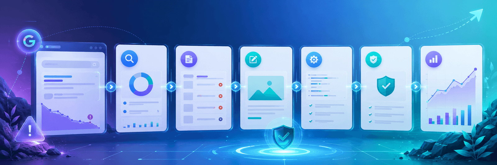 Website traffic recovery plan showing SEO audit, content improvement, technical fixes, and ranking recovery dashboard