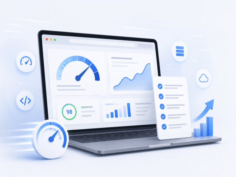 Website speed optimization audit dashboard showing performance metrics and technical improvements
